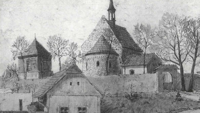 Návrší s kostelíkem Stětí sv. Jana Křtitele v Dolních Chabrech od východu. Obraz malíře Antonína Bílka (1881–1937), nedatováno